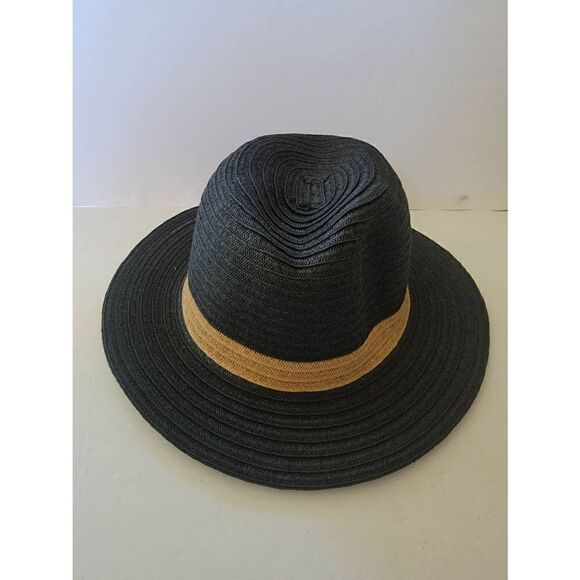 NWT Nordstrom Women's Fedora Panama Hat Two Tone Straw Black Brown L/XL - Picture 1 of 3